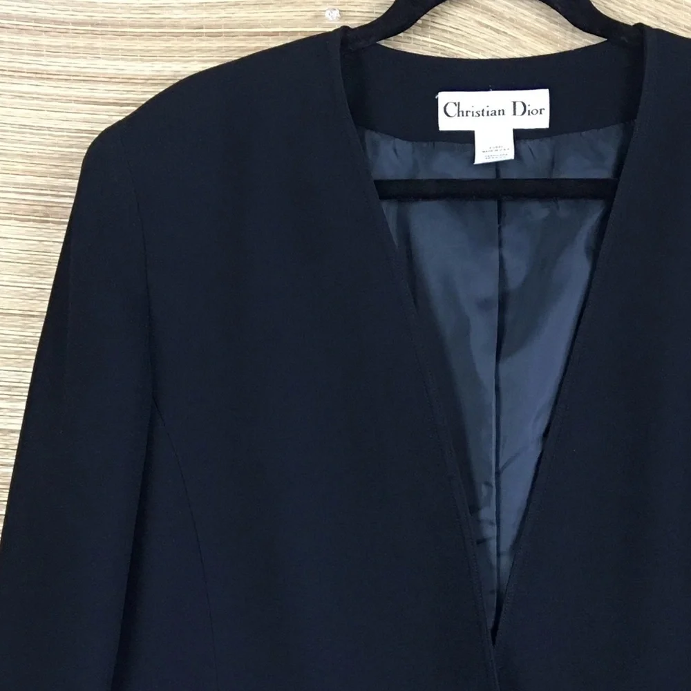 Vintage 1990s Christian Dior Jacket Black Crepe Tailored In USA Collarless Sz 16